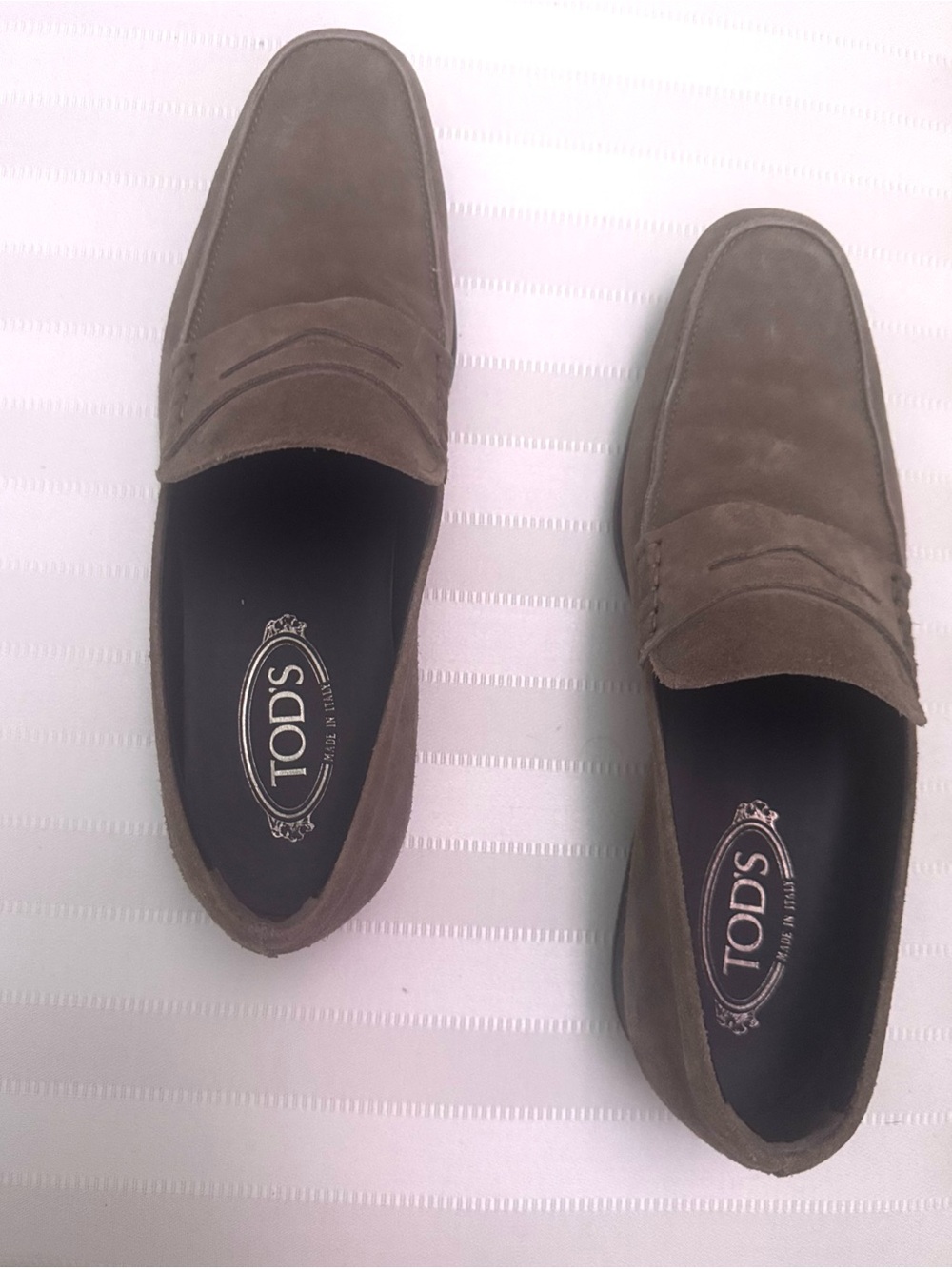 TOD'S Taupe Suede Penny Loafers for Men 
Size 8.5 Tods = 9.5 US size